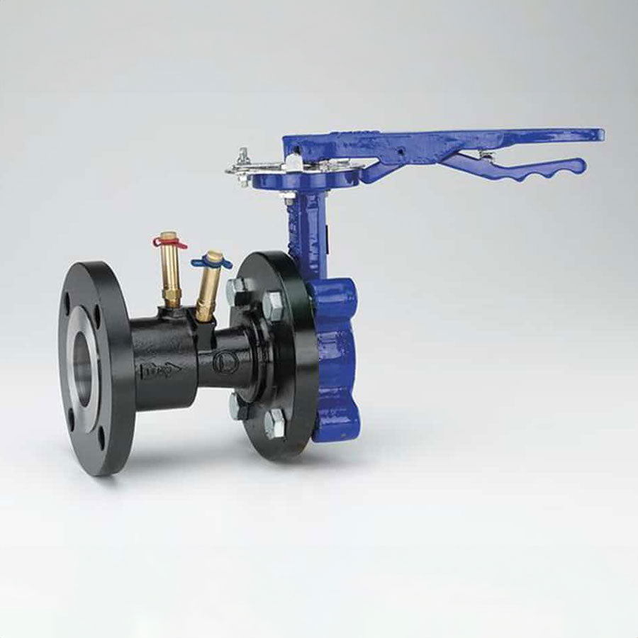 MBF Venturi balancing valve with cast steel venturi section, ductile iron lug butterfly valve with memoty stop, dual extended PT ports, Hanging I.D. tag, & 150# flanged ends.
