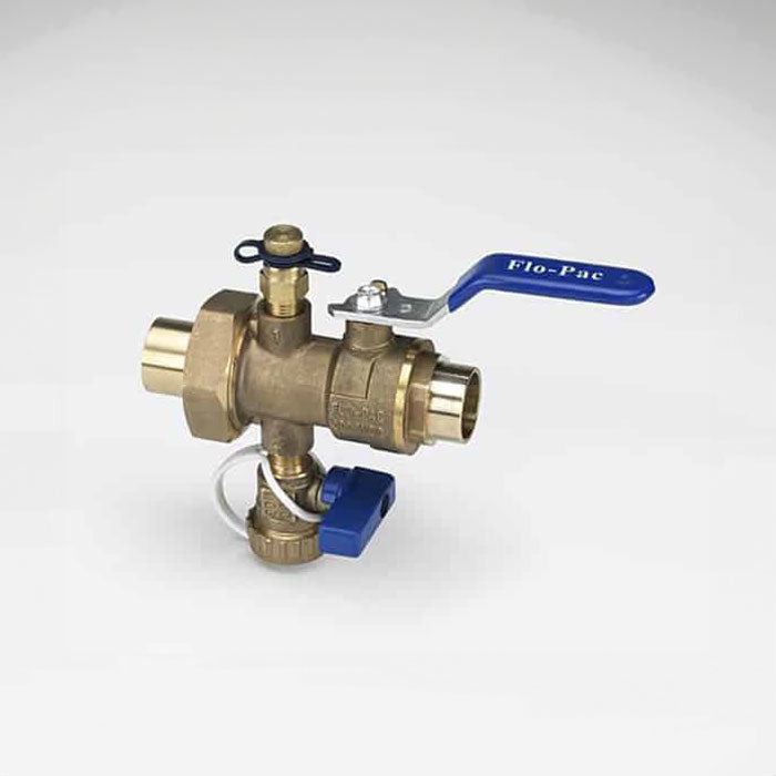SB Ball valve with brass body, union end, Pressure/Temperature test port, and hose end drain valve with cap & strap. Rated 600 PSI & 250F