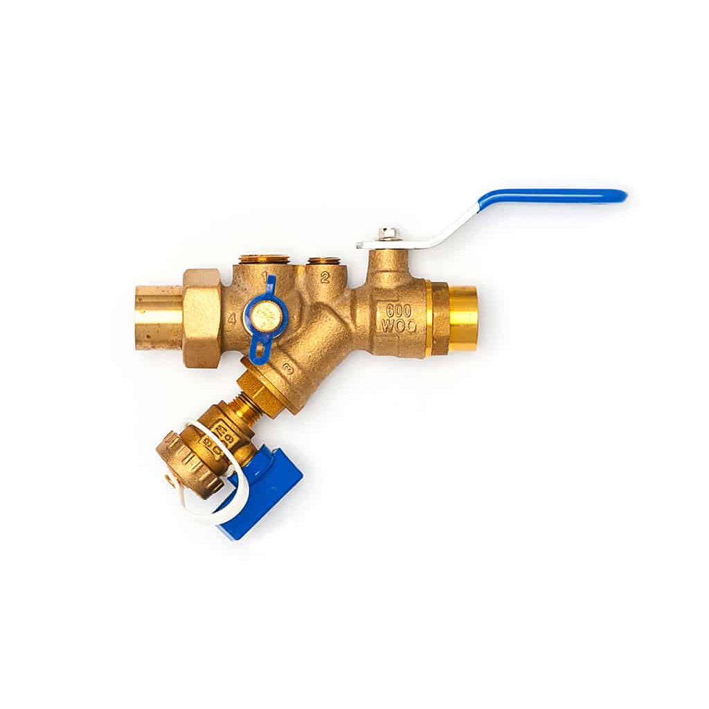 SV Strainer valve with brass body, bypass port, Pressure/Temperature test port, union end, and hose end drain valve with cap & strap. Rated 600 PSI & 250F