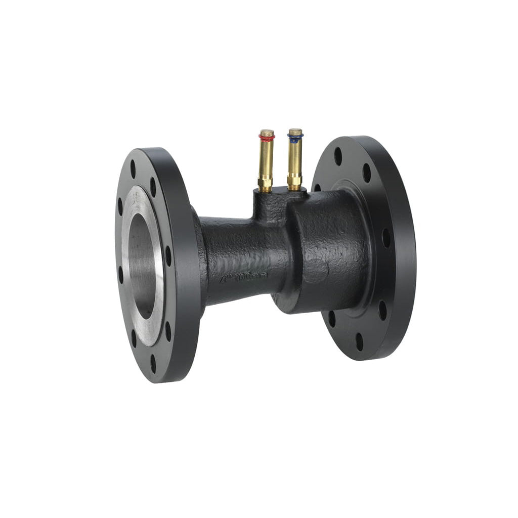 VF Venturi flow meter fitting with cast steel body, dual extended PT metering ports, ID tag, and 150# flanged ends.