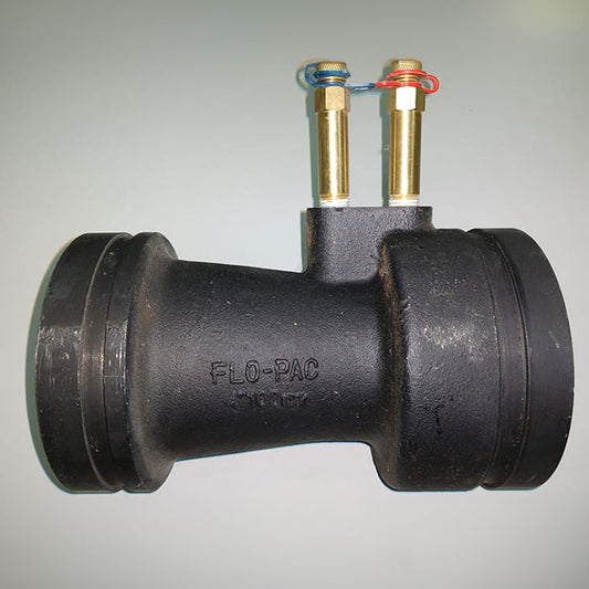 VG Venturi flow meter fitting with cast steel body, dual extended PT metering ports, ID tag, and grooved ends.